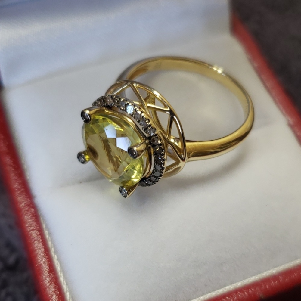 14k Lemon Quartz and chocolate diamond ring